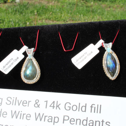 Sterling Silver Labradorite Ethiopian Opal Pendant with intricate wire wrap design, perfect for elegant jewelry collections