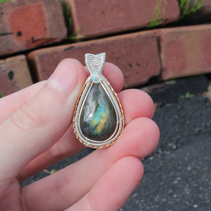 Sterling Silver Labradorite Ethiopian Opal Tear Drop Pendant elegantly crafted with intricate wire design
