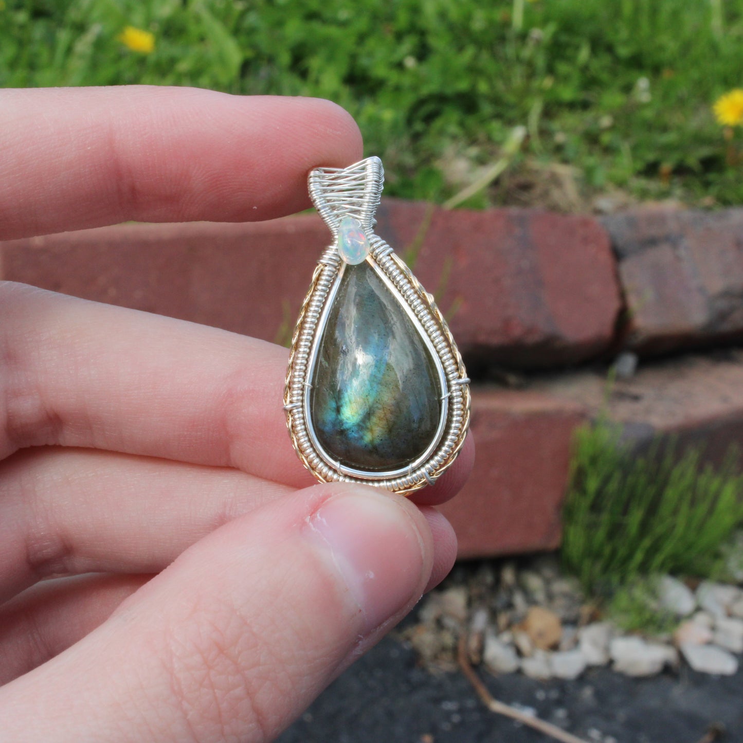 Sterling Silver Labradorite Ethiopian Opal Tear Drop Pendant with intricate wire wrapping details