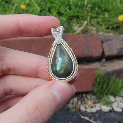 Sterling Silver Labradorite Ethiopian Opal Tear Drop Pendant with intricate wire wrapping details