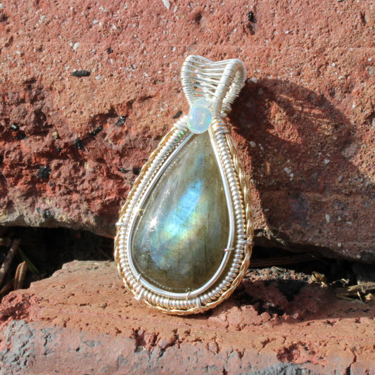 Sterling Silver Labradorite Ethiopian Opal Tear Drop Pendant with shimmering blue and green hues