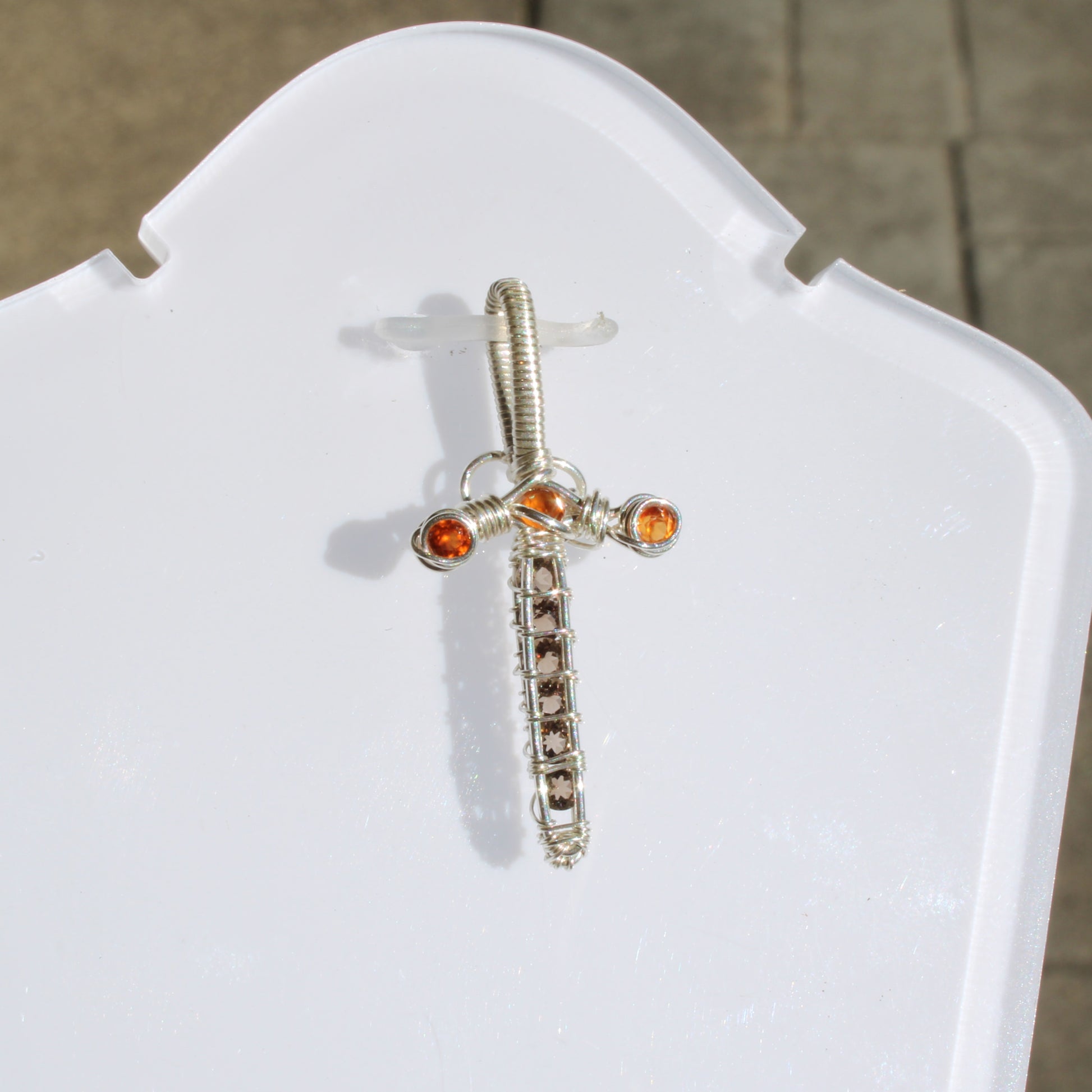Sword pendant - Smokey quartz, garnet, sterling silver with intricate wire design