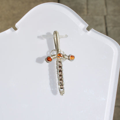 Sword pendant - Smokey quartz, garnet, sterling silver with intricate wire design