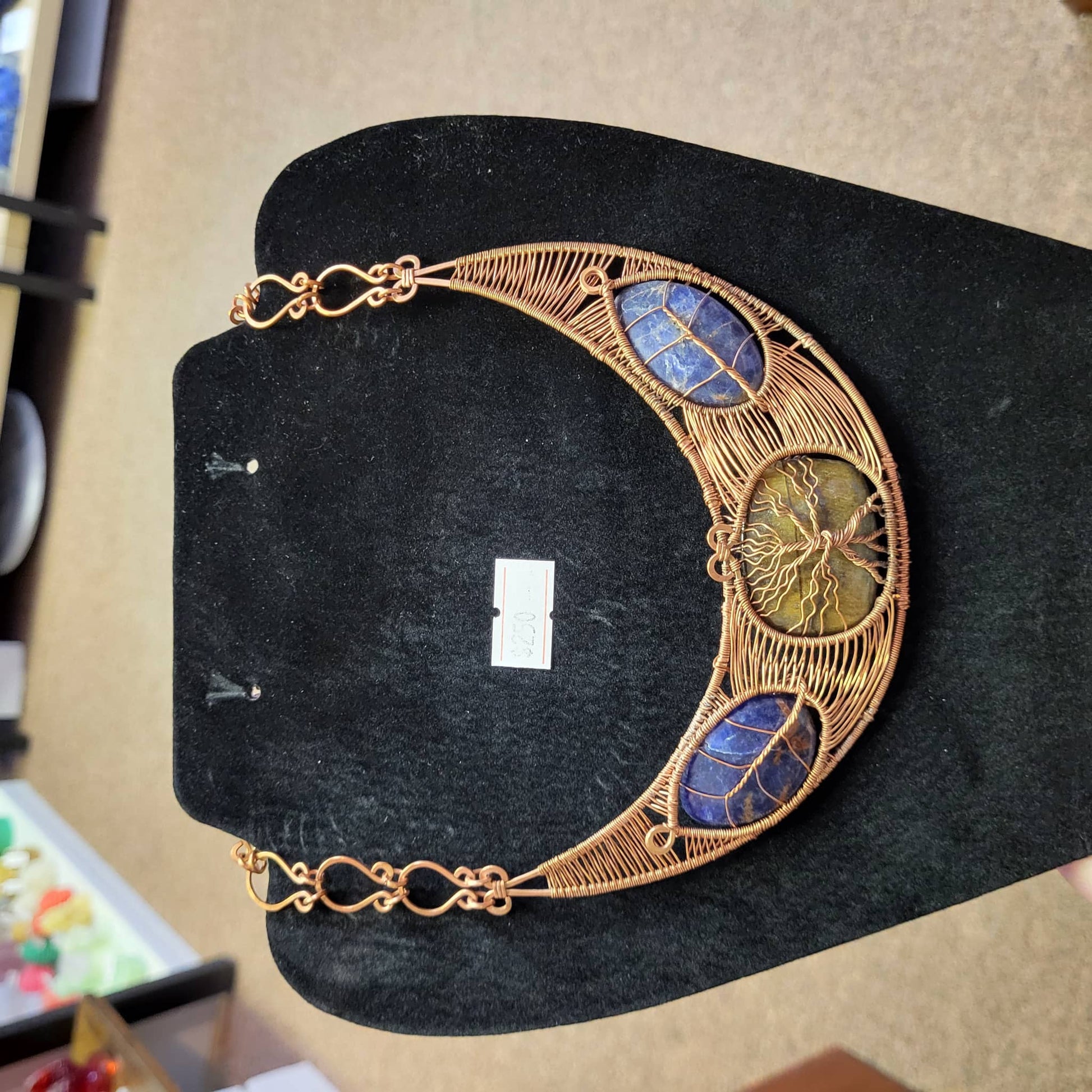 Tiger eye and sodalite copper bib necklace featuring a unique tree design