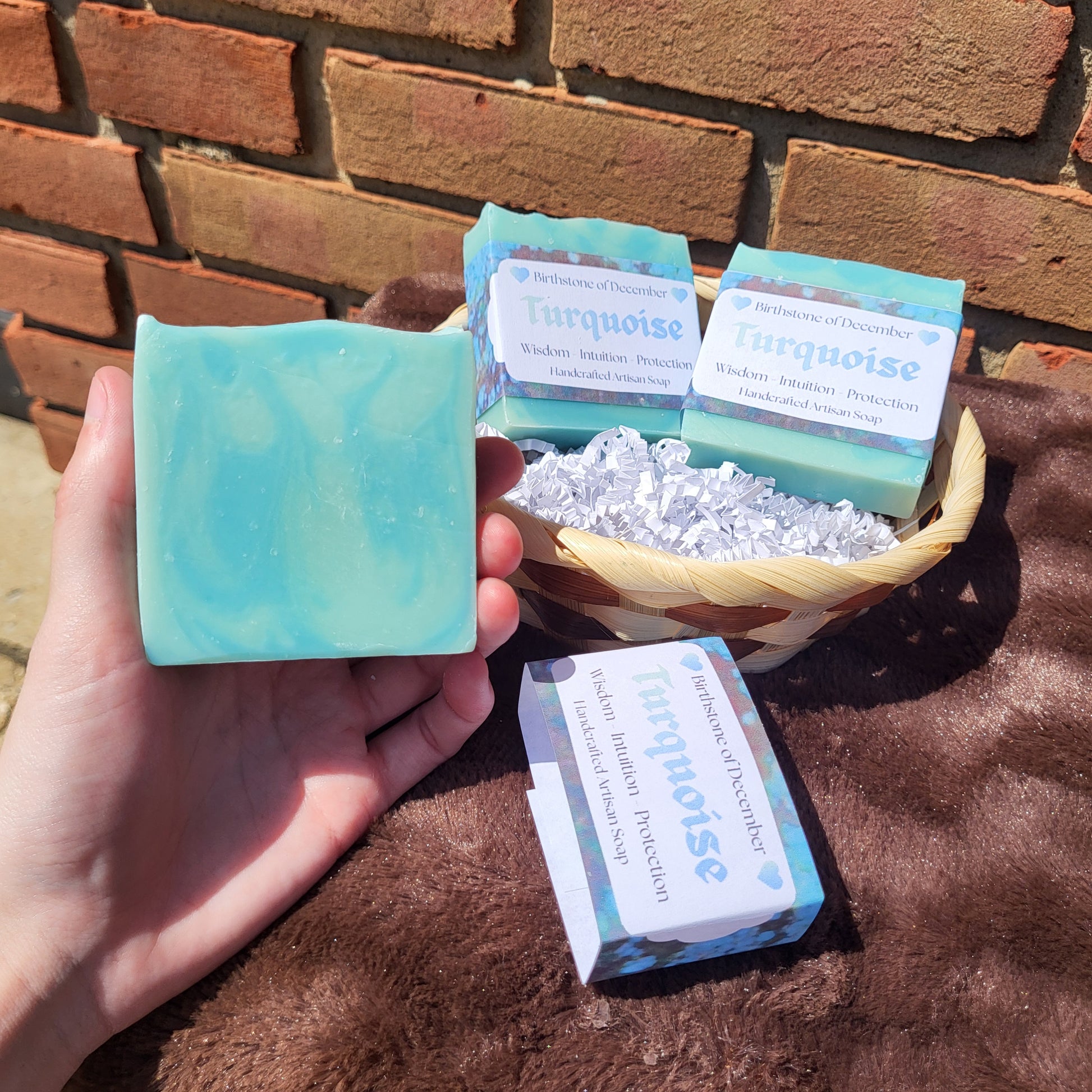 Turquoise Crystal Inspired Soap | Cedarwood with a smooth texture and soothing colors, displayed with packaging