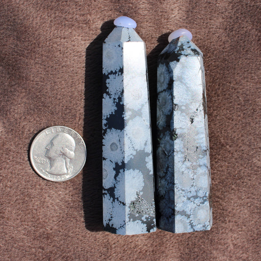 Two polished Snowflake Obsidian Tower crystals standing next to a quarter for size comparison