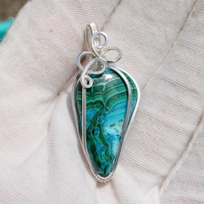 Sterling Silver Chrysocolla Malachite pendant with intricate silver wire wrapping by Different Branches LLC
